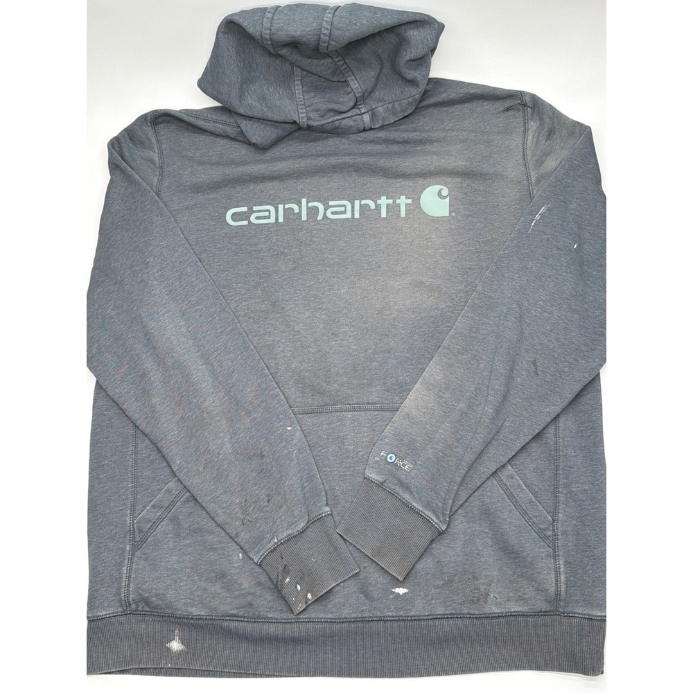 Carhartt Force Mens XL Tall Blue Gray Distressed‎ Logo Pullover Hoodie
